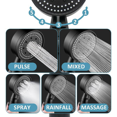 Shower Head Water Saving Black 5 Mode Adjustable High Pressure Shower One-key Stop Water Massage Eco Shower Bathroom Accessories - fashion$ense-6263