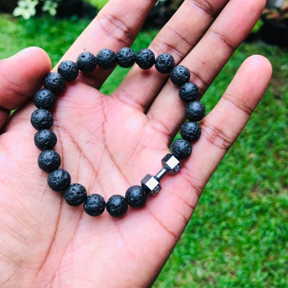 Unisex Natural Black Volcanic Lava Stone Dumbbell Bracelet - fashion$ense-6263