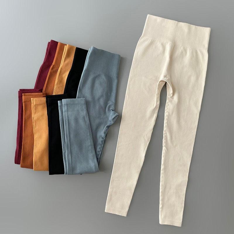 Ribbed Yoga Pants High Waisted Gym Leggings Sport Women Fitness Seamless Female Legging Tummy Control Running Training Tights - fashion$ense-6263